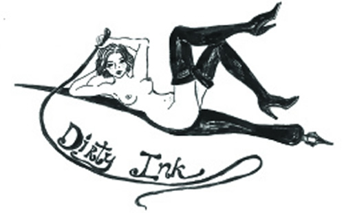 the Dirty Ink logo, a woman lying on a pen, weilding a whip of words