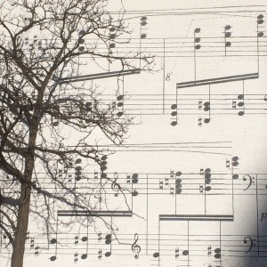 photo of public art installation of sheet music painted on the side of a building