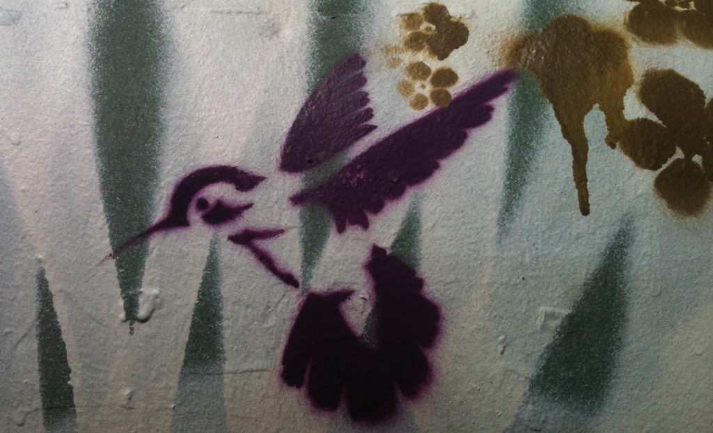 graffiti of a multicolored hummingbird, found on a mailbox in Oakland