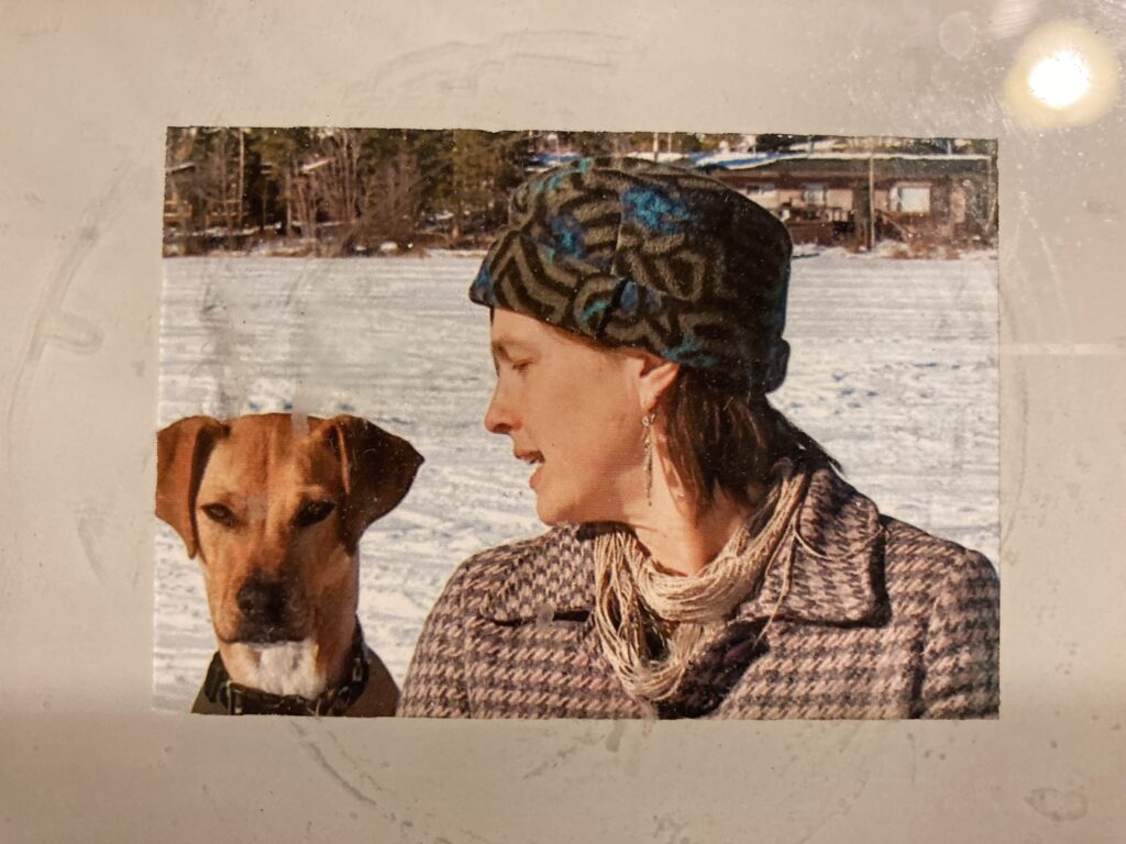 little brown dog looking at the viewer and white woman in pink coat and blue hat looking at the dog, with snow in the background